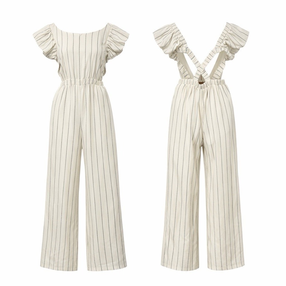 NWT‎ Women Jumpsuit Small Ivory Black Pinstripe Wide Leg Open Back Cotton Linen